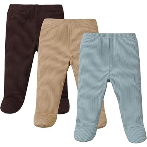 SOBOWO Footed Pants Newborn Baby Boy Girl 3 Pack Solid Ribbed Pull On Footie Pants Bottoms Trouser Crawling Pants 0-9 Months