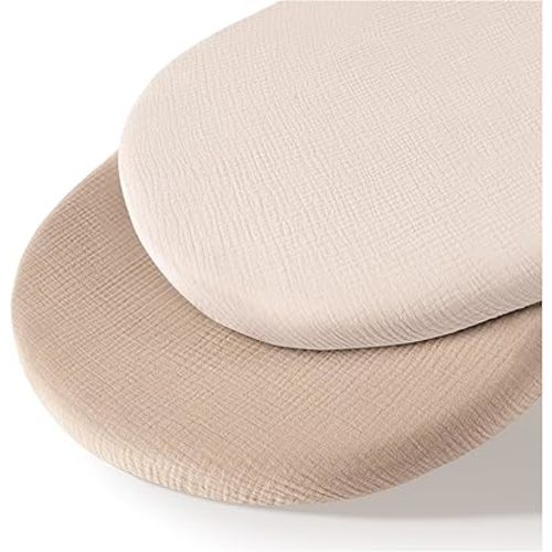 Muslin Bassinet Sheets for Baby Neutral, Soft Breathable Cotton Fitted Sheets for Oval, Rectangle, Hourglass Bassinet Mattress/Pad - 2 Pack (Ivory& Ash)