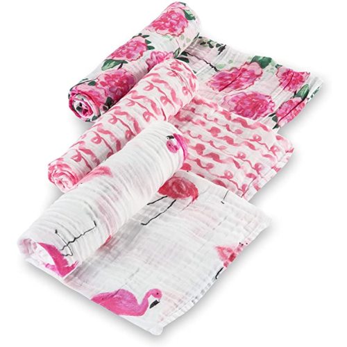 LollyBanks Muslin Swaddle Blankets, 100% Cotton Baby Swaddle Blanket for Girls, Soft and Large 47 x 47 Inches Newborn Swaddle, Breathable Baby Receiving Blankets, Registry (Flamingo and Flower 3 Pack)