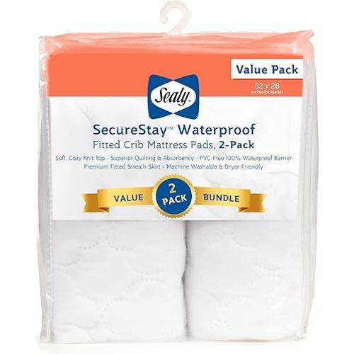 Sealy Baby SecureStay 2-Pack Fitted Waterproof Infant Crib Mattress Protector Pad and Toddler Bed Cover, Durable and Comfortable Topper, Machine Washable and Dryer Friendly, 52” x 28”- White
