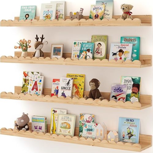 Shario Nursery Book Shelves, 4-Pack Wood Floating Shelves for Wall Kids, Scalloped Shelves, Wall Book Shelves for Bedroom Kids, Toddler Room, Baby Room, Nursery Decor(Wood, 36 Inches)