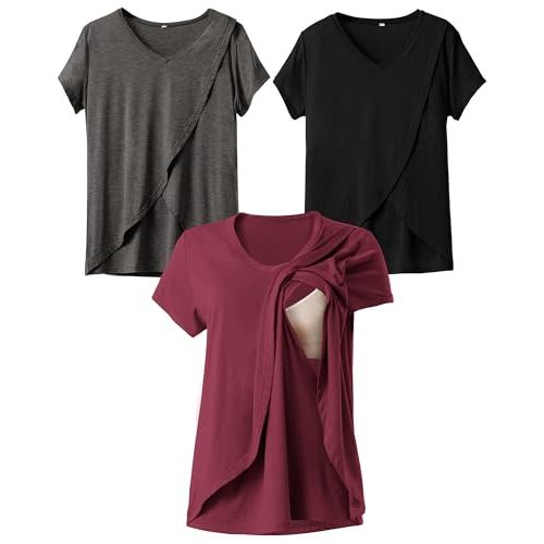 Rnxrbb V Neck Nursing Tops for Breastfeeding Tshirts Summer Postpartum Clothes Sets Short Sleeve 3 Pack Double Layer