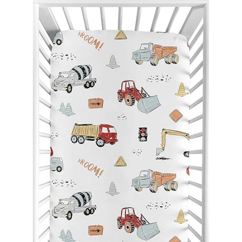 Sweet Jojo Designs Construction Truck Boy Fitted Crib Sheet Baby or Toddler Bed Nursery - Grey Yellow Orange Red and Blue Transportation