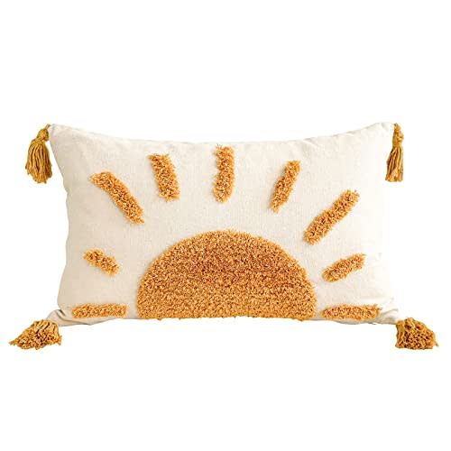 Zealax Lumbar Decorative Boho Throw Pillow Cover 12x20 Inch for Couch Living Room Outdoor, Sun Tufted Pillow Covers with Tassels Cushion Case, Rustic Farmhouse Home Decor (No Pillow Insert, 1Pc)