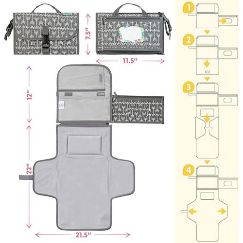 Kopi Baby Portable Diaper Changing Pad-Baby Diaper Changer Travel Bag with Wipes Pocket, Smart Design Portable Changing Mat, Infant Travel Station Kit, Gift for Newborn Girl & Boy-Grey Arrows, Classic