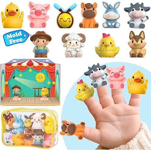 Oriate Animal Farm Finger Puppets, Bath Toys for Kids with Storage Bag, Toddler Toys for Story Time Stuffer with Performance Stage, Mold Free Travel Toys Party Favors Beach Toys 12m+, 10 Pc