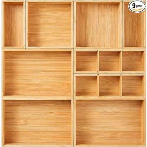 Fabsome Bamboo Wood Drawer Organizer Set of 9, Small Wooden Container Tray for Bathroom Kitchen Makeup Desk Office Drawer Storage