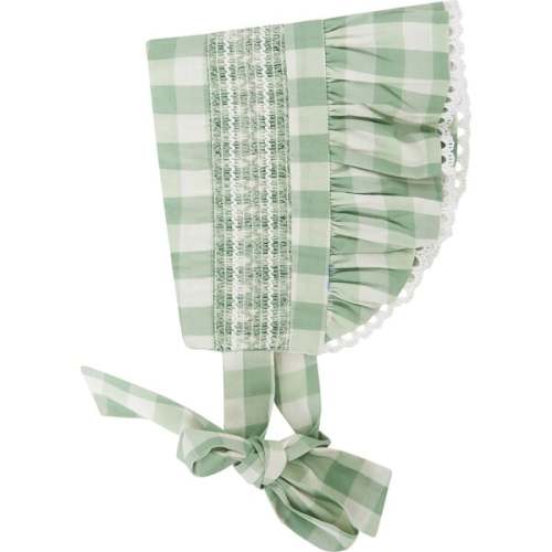 Babys Gingham Print Tie Bow Bonnet, Green - Floraison Lane | Maisonette