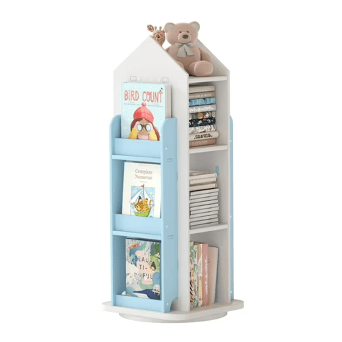 IAJXWI 3 Tier Rotating Bookshelf, 360° Revolving Display Floor Standing Bookshelves, Spinning Book Shelf Organizer for Home Bedroom, Blue