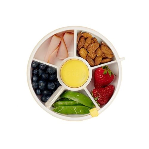 GoBe Kids Snack Spinner Bundle with Hand Strap and Sticker Sheet - Reusable Snack Container with 5 Compartment Dispenser and Lid | BPA and PVC Free | Dishwasher Safe | No Spill, Leakproof - Lemon Yellow - Small