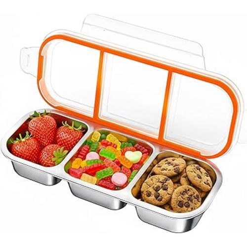QCQHDU Snack Containers, Reusable Stainless Steel 3 Compartment Condiment Metal Bento Lunch Box with Lids, Divided Snack Food Storage Lunchable Containers for Home, Work, Travel, Camping, 1 Pack