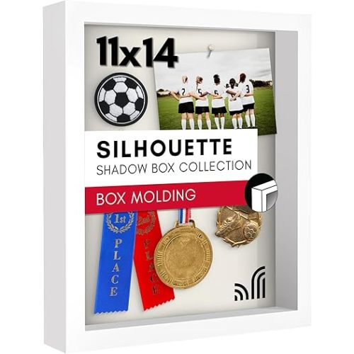 Americanflat 11x14 Shadow Box Frame with Shatter-Resistant Glass - Silhouette Collection - Large Shadow Box Display Case for Tabletop and Wall Display - White with Soft Felt Back