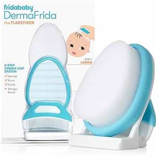 Frida Baby The 3-Step Cradle Cap System, DermaFrida The FlakeFixer, Sponge, Brush, Comb and Storage Stand for Babies with Cradle Cap, White-Blue