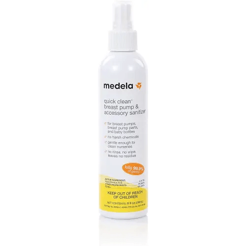 Medela Quick Clean Breast Pump and Accessory Sanitizer Spray Safe No Rinse Breastpump Sterilizer Eliminates 99.9 of Common Bacteria and Germs 8 Fluid Ounces, Clear