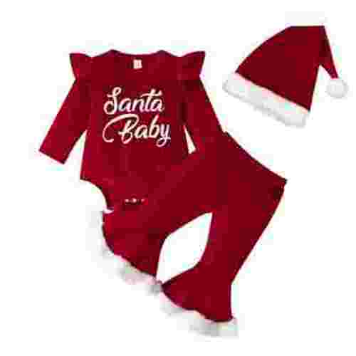 Younger Tree Newborn Baby Girl Christmas Outfits Toddler Santa Long Sleeve Romper Pants Hat Clothes Set,Size 0-18 Months
