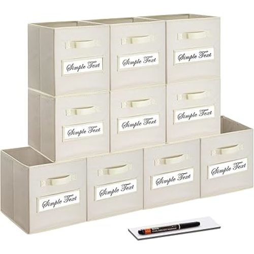 artsdi Set of 10 Storage Cubes,Foldable Fabric Cube Storage Bins with 10 Labels Window Cards & a Pen,Baskets Containers for Shelves,Closet Organizers Box for Home & Office,Beige