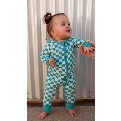 Infant Romper in Teal and Blue Checkered