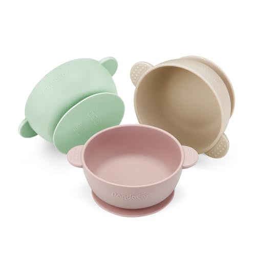 PandaEar 3 Pack Baby Bowls with Suction| Stay Put Silicone Food Bowl for Babies Kids Toddlers Infants| Food Grade Soft Safe BPA-Free Silicone (Pink Green Light Tan)
