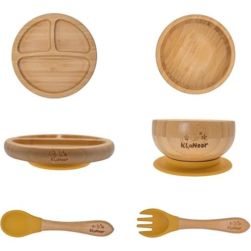Bamboo Toddler Plate & Bowl Set with Strong Suction – Includes One Plate, One Bowl, Spoon & Fork – Baby Plates with Suction for Baby Led Weaning, Kids Feeding Essentials, Non-Toxic & BPA Free