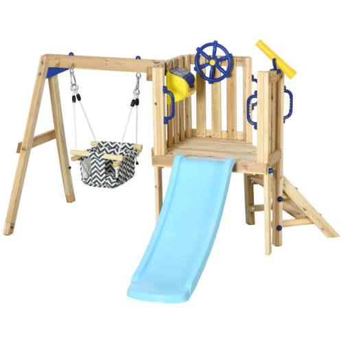 Outsunny Wooden Swing Set for Backyard, Toddler Outdoor Playset with Baby Swing Seat, Kids Slide, Fort, Playground Equipment with Captain's Wheel, Telescope for Ages 1.5-4, Natural