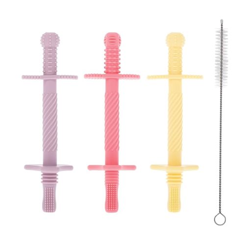 Nuby Sensory Silicone Tube Teethers - (3 Pack) Textured Infant and Baby Teether Toys - 3+ Months - Purple, Pink, and Yellow