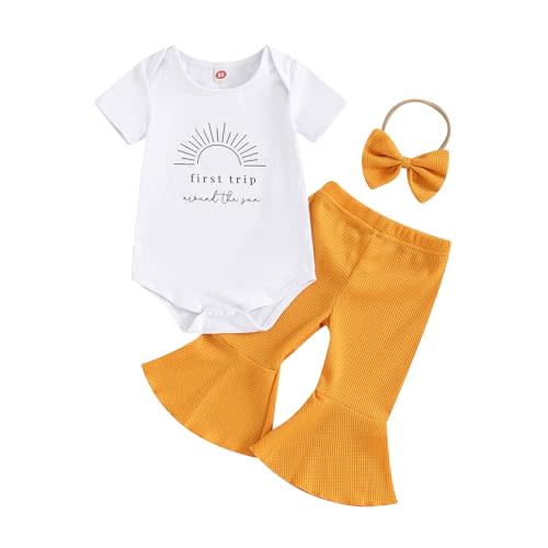 KtwHarnu My 1st Birthday Baby Girl Outfit First Trip around the Sun Short Sleeve Romper Top Ribbed Bell Bottom Pants Set