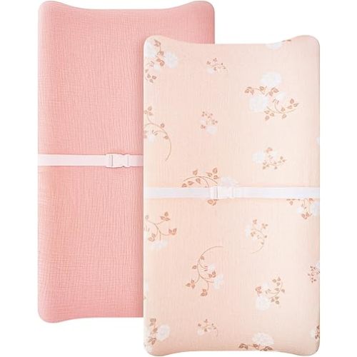 2 Pack Muslin Changing Pad Cover for Baby Girls Boys, 100% Cotton Fitted Baby Diaper Changing Table, Soft and Breathable Changing Pad Sheets, Pink