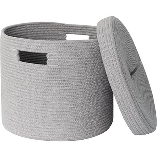 Gray Basket with Lid, 15” x 13” Woven Storage Basket for Blankets, Toys, Pillows, Towels, Living Room Bedroom Storage Bin, Round Rope Basket with Lid, Wicker Baskets for Organizing
