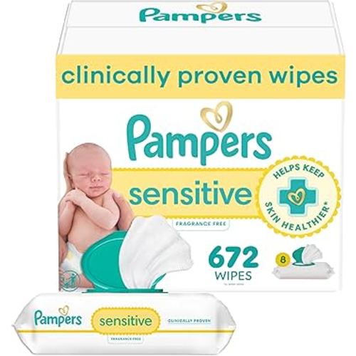 Pampers Baby Wipes, Sensitive, Water Based Wipe, Clinically Proven, Hypoallergenic, and Unscented for Babies, 672 Wipes Total (8 Flip-Top Packs) [Packaging May Vary]