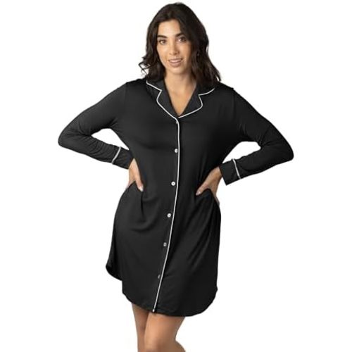 Kindred Bravely - Clea Bamboo Long Sleeve Sleep Shirt - Black, Extra Small