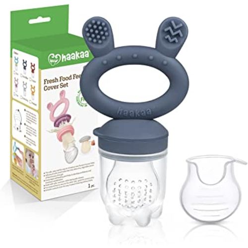 Haakaa Baby Fruit Food Feeder Pacifier | Milk Frozen Set | Silicone Feeder and Teether for Infant Safely Self Feeding, BPA Free Teething Relief Toy (Steel Blue)