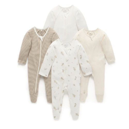 4 Pack Zip Coverall Vanilla Wattle Bee Pack - Purebaby Rompers | Maisonette