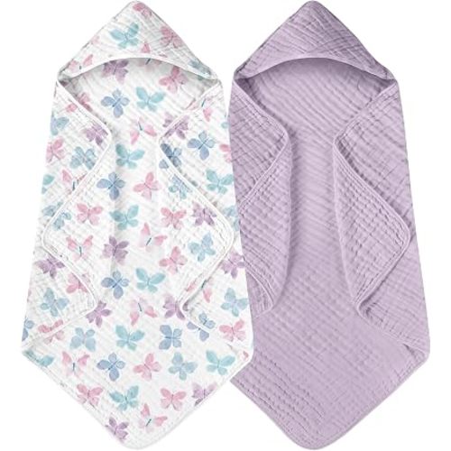 Baby Bath Towels, 100% Muslin Cotton Hooded Baby Towels for Newborn, 2 Pack Baby Towels with Hood for Infant Toddler and Kids, Large 32x32Inch Bath Essentials, Soft and Absorbent
