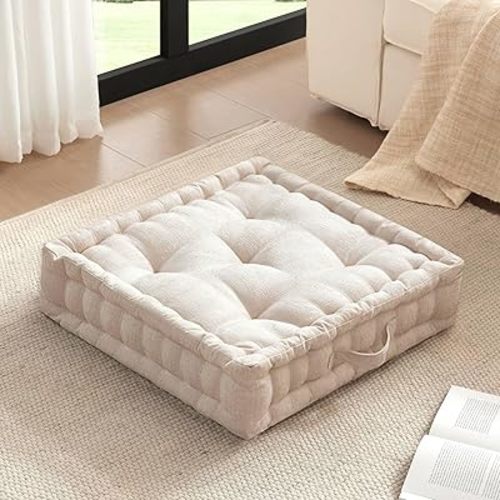 Intelligent Design Large Floor Pillow for Adults Yoga or Meditation Cushion with Handle, Floor Cushion for Board Games, Lustrous Chenille Tufted, Handsewn Scalloped Edge, Azza, 24" x 24" x 5" Ivory