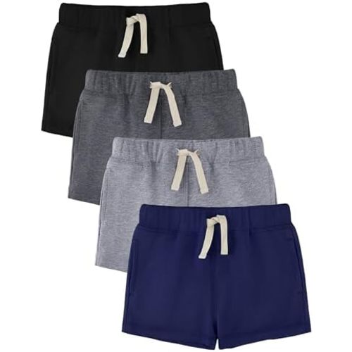 Baby Boys Shorts 4-Pack 0-24M | Cotton Knit Pull-On with Adjustable Drawstring Waist & Pockets, Summer Playwear