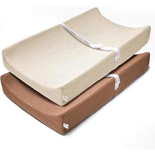 Bearmoss Muslin Changing Pad Covers 2Pack 100% Cotton Diaper Change Table Pad Covers 32x16x6in Soft Breathable Changing Table Sheets for Unisex Baby Girls and Boys (Cappuccino)