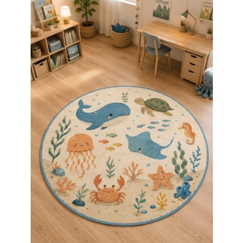 Ocean nursery rug, pastel sea animals decor, round kids room playroom carpet