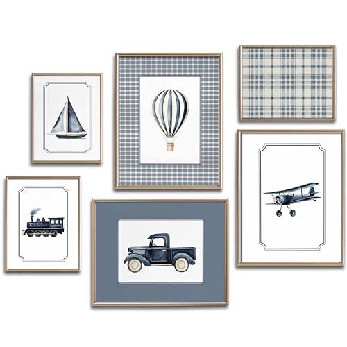 6Pcs Vintage Transportation Nursery Wall Art Navy Blue Hot Air Balloon Biplane Train Truck Sailboat Pictures Wall Decor Blue Vintage Nursery Poster Prints for Bedroom Playroom Decor 8"x10" Unframed