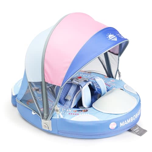Mambobaby Baby Float with Canopy & Tail Non-Inflatable Baby Swim Float Upgrade Soft Infant Pool Float Sun Protection Newborn Pool Float 3-24 Months Skin-Friendly Material for Toddler Boys Girls