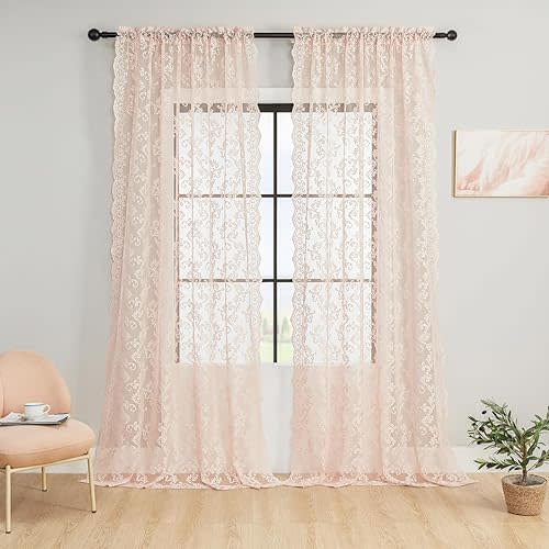 Blush Pink Lace Curtains 96 Inches Long 2 Panels - Vintage Paisley Floral Sheer for Living Room Bedroom - Victorian Crochet Rod Pocket Light Filtering French Window Drapes, 52x96
