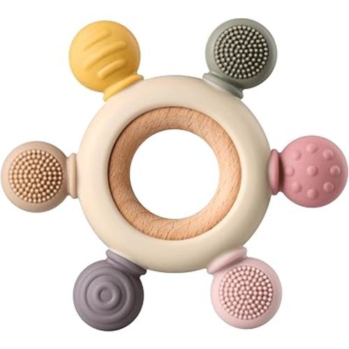 Baby Teething Toys, Silicone Chewable Toys with Organic Wooden Ring for Infants 3+ Months, Silicone Teething Toys for Soothing Sore Gums, Sucking Needs (6 Directions, Khaki)