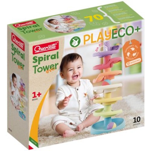 Quercetti: PlayEco+ Spiral Tower Evo - 10pc Ball Run w/ Sound Stacking Tower, Interactive Building Play, Sustainable Materials, Baby & Toddlers 1+