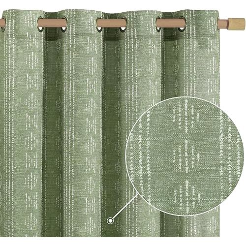 jinchan Boho Curtains Linen Blend Curtains for Living Room Farmhouse Sage Green Curtains 84 Inch Length for Bedroom Semi Sheer Drapes Striped Printed Light Filtering Grommet Curtains 2 Panels Set