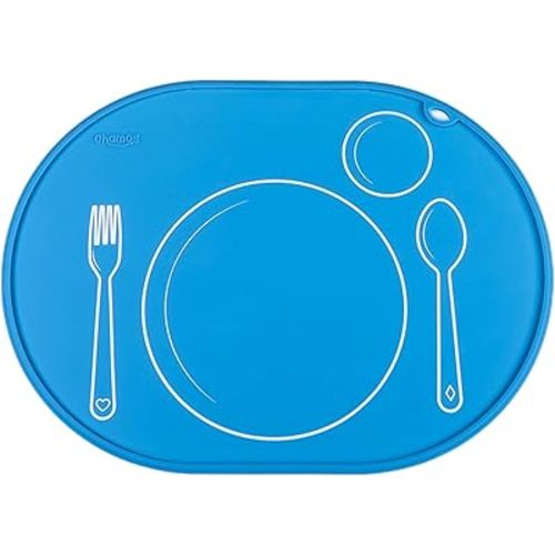 CHAMOS Silicone placemats for Toddlers - Montessori placemat for Round Table - Oval Kids placemats for Dining Table - Non Slip, Small, Educational placemats (Blue), 14.17x10.23 inch