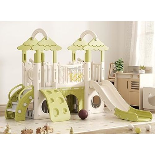 KORIMEFA 9-in-1 Toddler Slide Playset, Indoor/Outdoor Playground for Toddlers Age 1-3 with Basketball Hoop & Telescope, Forest Themed Brown Slide for Kids, Green