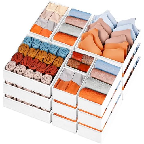 15 Pack Drawer Organizers for Clothing, College Dorm Room Essentials, Baby Nursery Clothes Organizers Dividers, Foldable Fabric Closet Organizers and Storage Bins for Socks, Underwear, Bras (White)