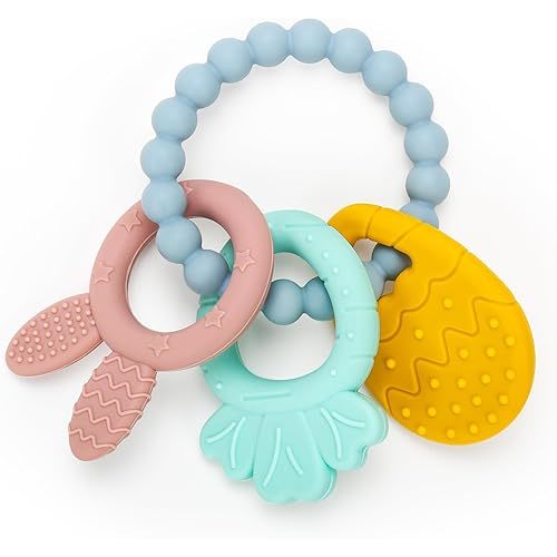 Easter Silicone Teething Toys, 3 Months+, Infant Baby Easter Basket Stuffers for Babies, Baby's Easter Egg Rabbit Carrot Teether Toy, Easter Gift for Girl or Boy (Blue)
