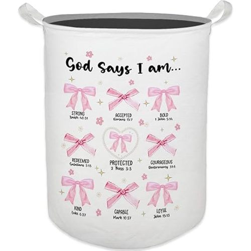 God Says I Am Pink Bow Laundry Basket, Toybox for Girls Room, Pink Christian Laundry Basket Hamper Waterproof Collapsible Clothes Toys Storage Bin Organizer for Bedroom Bathroom Girls Room Dorm