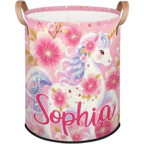 Custom Unicorn Laundry Hamper for Girls Kids, Personalized Name Foldable Waterproof Laundry Basket for Dirty Clothes Toys Storage Bin with Handles for Bedroom, Pink Flower