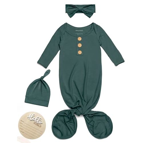 Baby Noah Newborn Knotted Gown, Ultra-Soft Silky Long Sleeve Sleeper, Unisex Coming Home Outfit Set With Wooden Name Sign